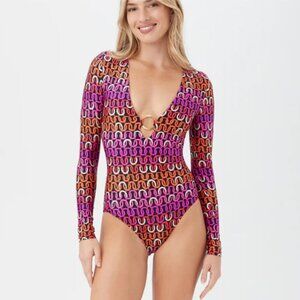 NWT Trina Turk Echo Long Sleeve Ring Front  Paddle Suit, Multi-Color, Large